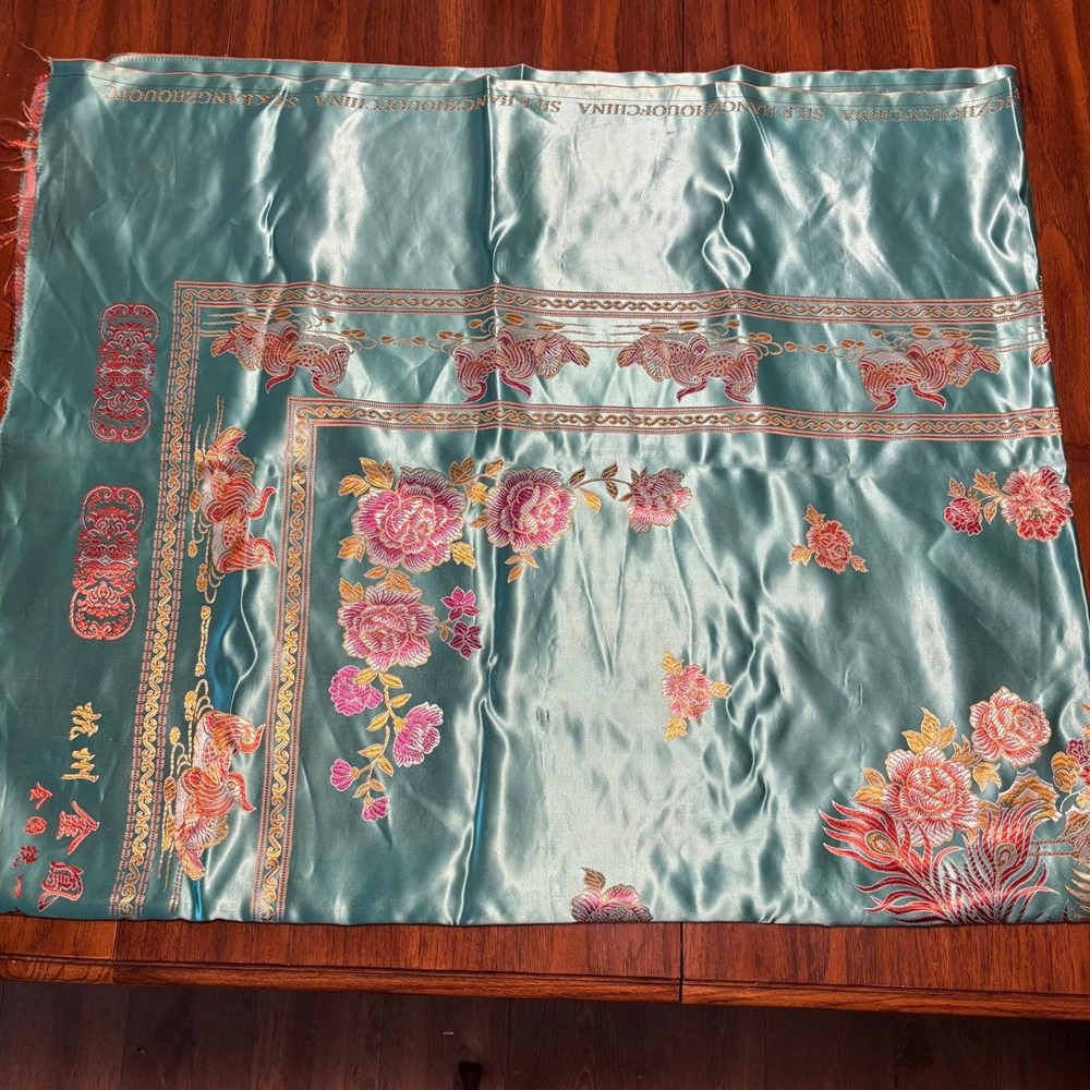 Hangzhou Silk Brocade Turquoise & Pink Phoenix Peony Bedspread Coverlet 84x70